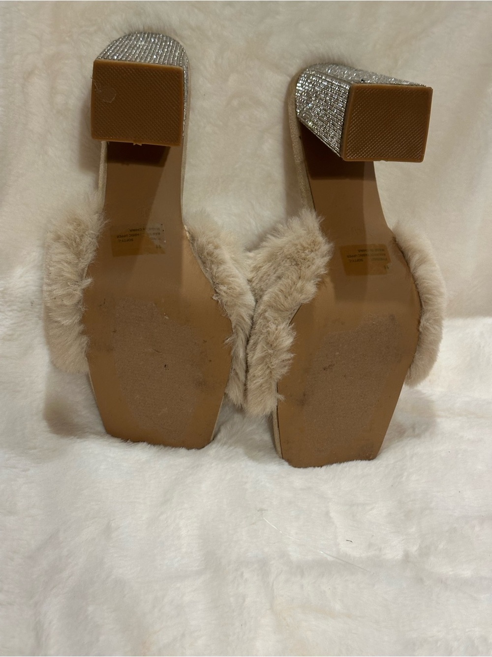 Cape Robbin Tan Faux-Fur Slide Heels with Rhinestone Block Heel - Picture 4 of 6